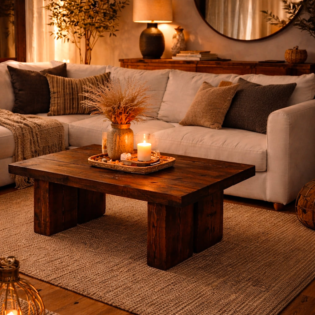 Table basse en bois massif dans un salon décoré avec des éléments d’automne, sur un tapis texturé de nuit