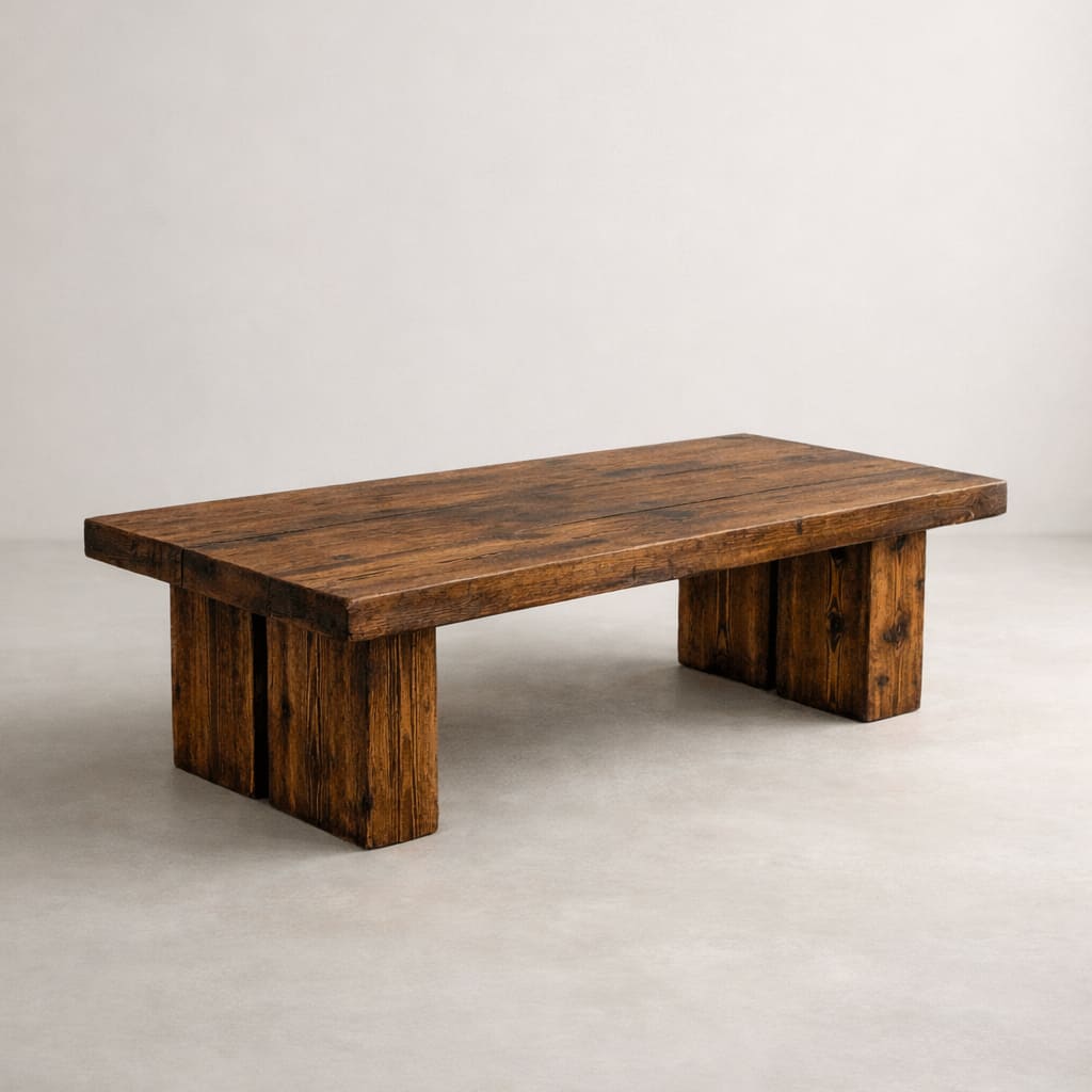 Table basse en bois massif présentée seule sur fond neutre pour montrer sa forme et ses finitions