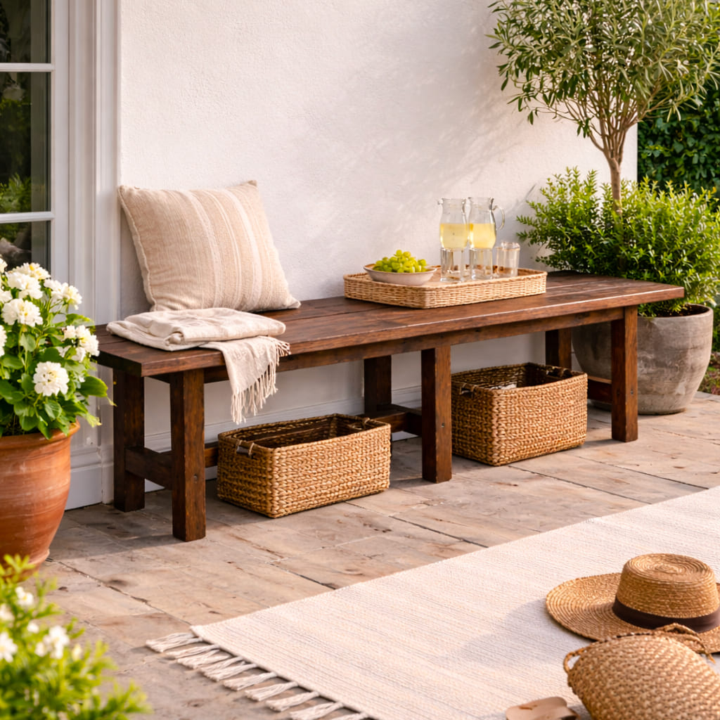 Banc en bois massif de style ferme, présenté seul sur fond neutre