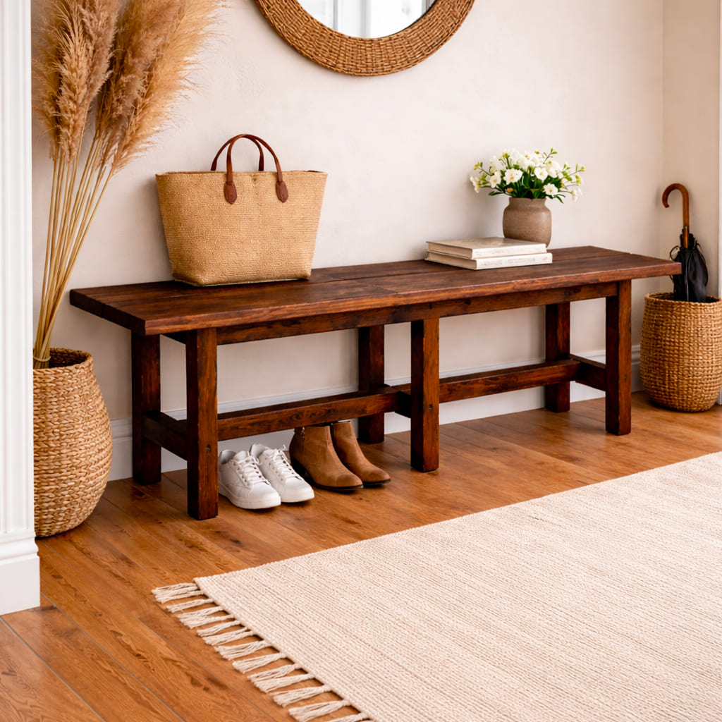 Banc en bois massif mis en scène dans une entrée décorée, avec panier, chaussures et accessoires posés autour