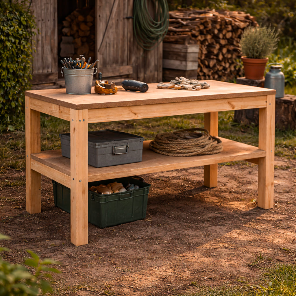 Établi en bois massif utilisé en extérieur, avec outils et accessoires disposés sur le plateau et l’étagère