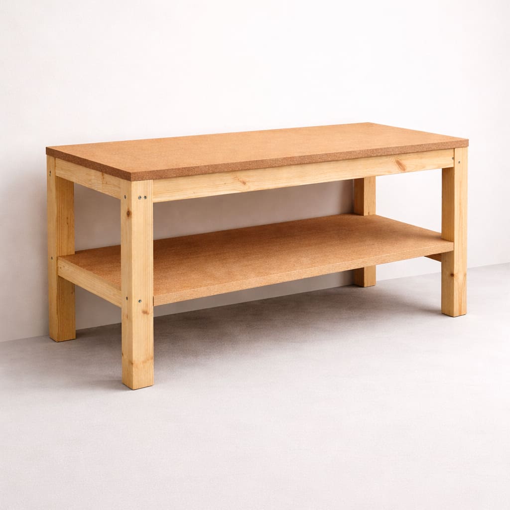 Établi en bois massif présenté seul dans un espace neutre, avec plateau et étagère inférieure