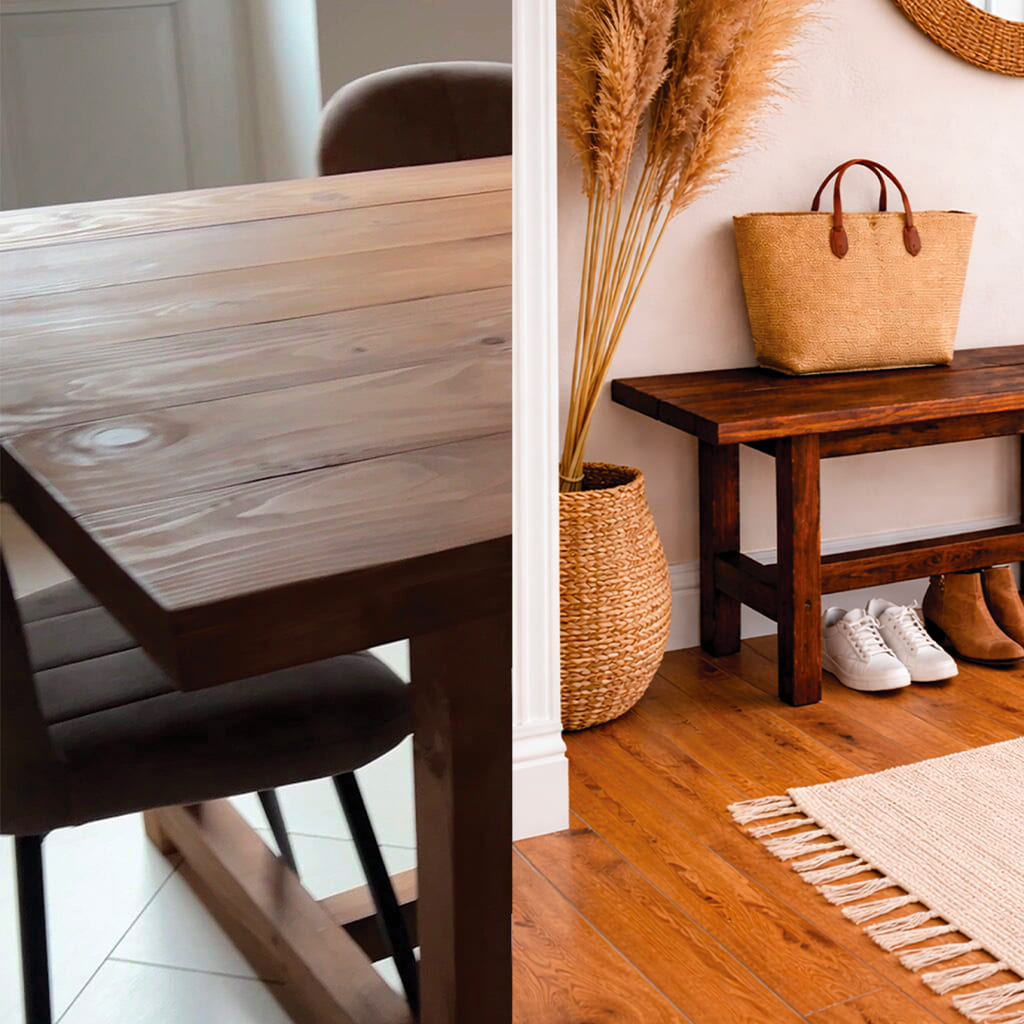 Table en bois massif et banc assorti présentés dans deux mises en scène intérieures
