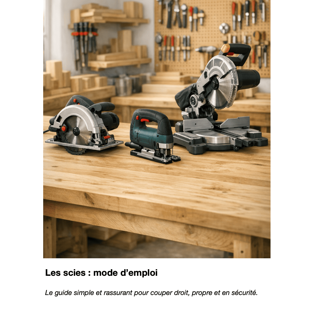 Atelier de bricolage avec une scie circulaire, une scie sauteuse et une scie à onglet posées sur un établi, avec un panneau d’outils et des planches en arrière‑plan