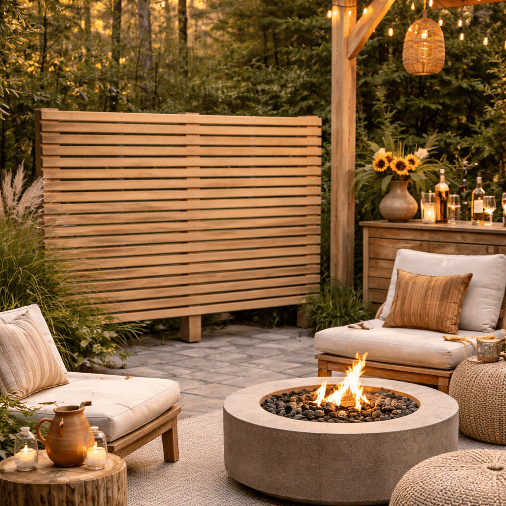 Brise‑vue en bois à lattes horizontales installé dans un espace extérieur avec brasero, pergola et mobilier chaleureux. Exemple d’utilisation du panneau construit grâce aux plans fournis