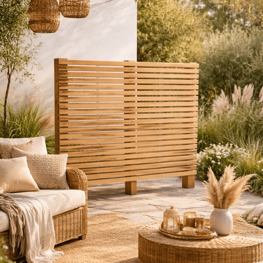 Brise‑vue en bois derrière un salon de jardin cosy avec canapé en rotin, table basse et décoration naturelle. Mise en scène du panneau réalisé à partir des plans de menuiserie