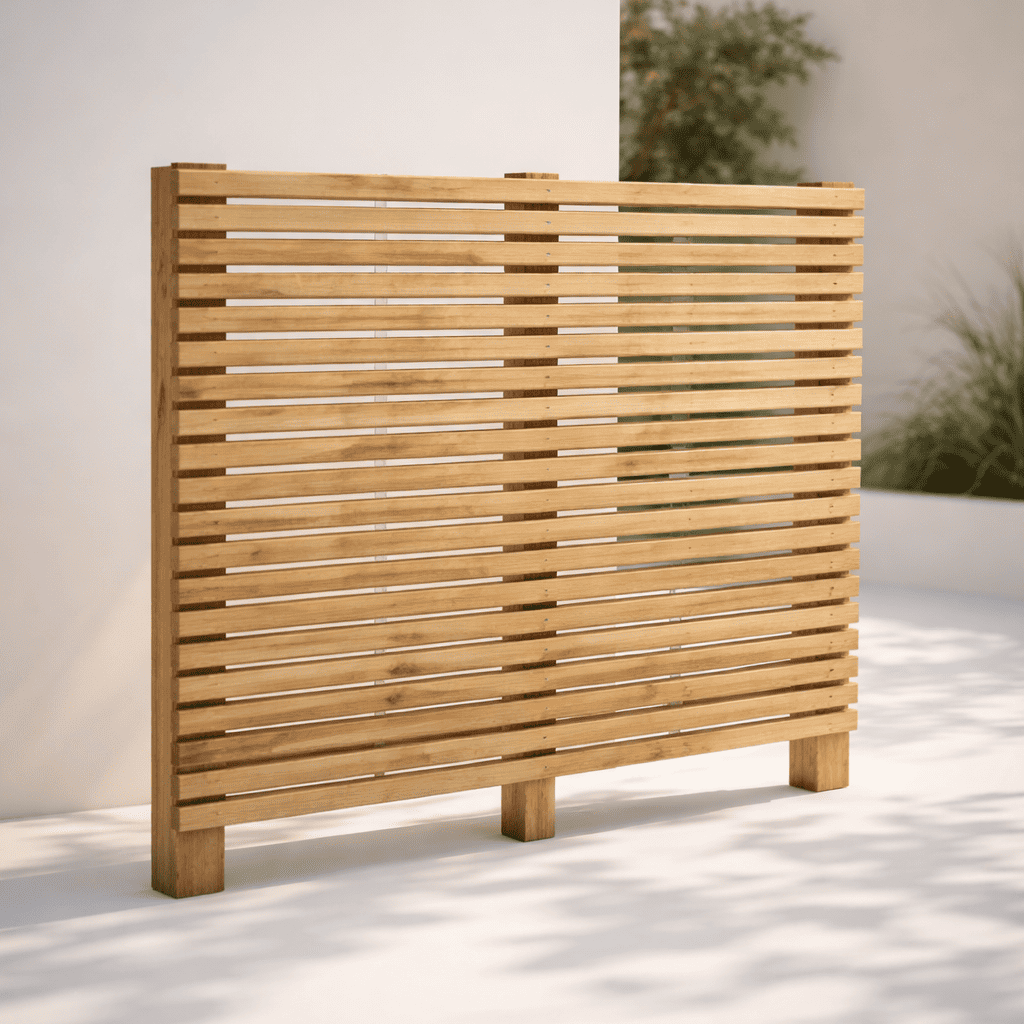 Brise‑vue en bois composé de lames horizontales, installé en extérieur devant un mur blanc avec végétation. Illustration du rendu final du panneau fabriqué grâce aux plans