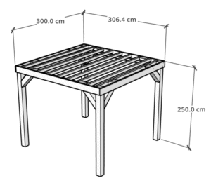 Plan technique 3D d’une pergola en bois avec lattes supérieures et renforts, incluant les dimensions complètes pour la fabrication selon les plans fournis