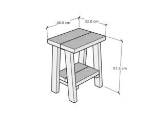 Modèle 3D d’une table de chevet en bois avec deux niveaux, accompagnée des dimensions : 40 cm de large, 32 cm de profondeur et 51,3 cm de hauteur