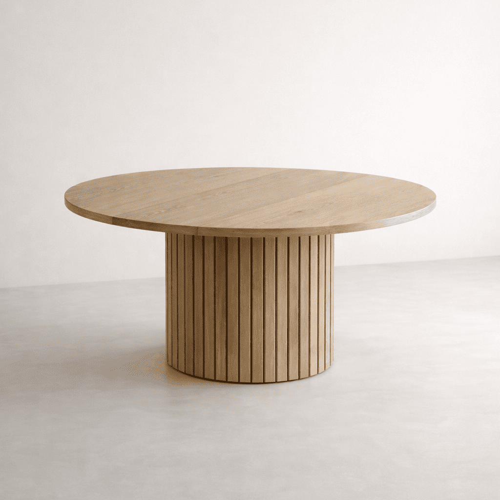 Table ronde en bois photographiée en studio, avec plateau lisse et base cylindrique rainurée. Image produit mettant en valeur le design du meuble fabriqué à partir des plans de construction