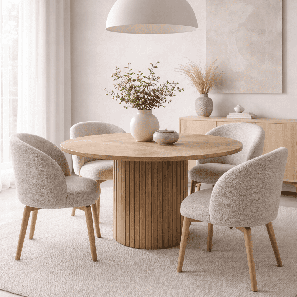 Table ronde en bois avec base rainurée, mise en scène dans une salle à manger moderne avec chaises rembourrées et suspension décorative. Illustration du meuble réalisé grâce aux plans de menuiserie